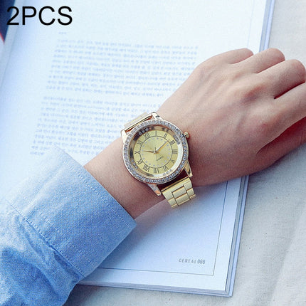 2 PCS Stainless Steel Wrist Watchs Crystal Quartz Bracelet Watch(Gold)-garmade.com