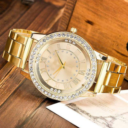 2 PCS Stainless Steel Wrist Watchs Crystal Quartz Bracelet Watch(Gold)-garmade.com