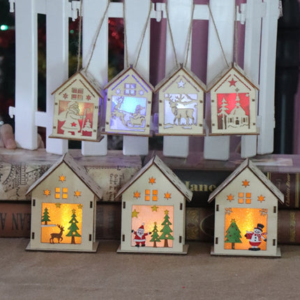 Christmas Luminous Wooden House Christmas Tree Decorations Hanging Ornaments DIY Gift Window Decoration, Style:Small Pulling Santa Claus-garmade.com