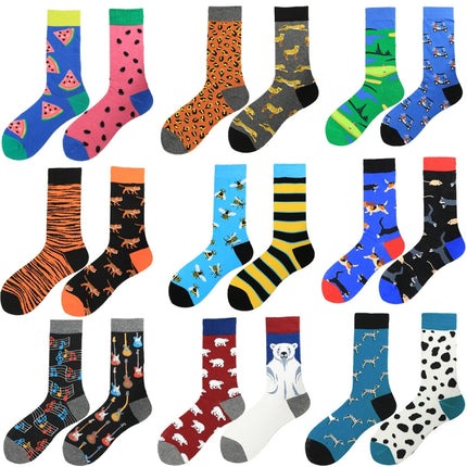 3 Pairs Trendy Asymmetric Fashion Medium Tube Colorful Skateboard Male Socks, Type:1982-5(EUR 39-46)-garmade.com