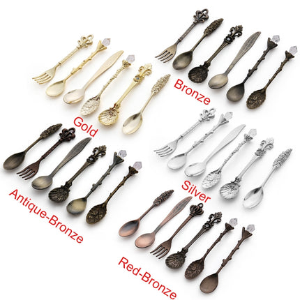 2Sets Vintage Mini Coffee Spoons Suit Royal Style Metal Carved Coffee Fruit Cutler Dessert Flatware Kitchen Tools Gold-garmade.com