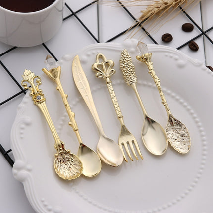 2Sets Vintage Mini Coffee Spoons Suit Royal Style Metal Carved Coffee Fruit Cutler Dessert Flatware Kitchen Tools Gold-garmade.com