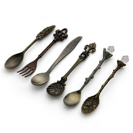 2Sets Vintage Mini Coffee Spoons Suit Royal Style Metal Carved Coffee Fruit Cutler Dessert Flatware Kitchen Tools Antique Bronze（With Red Fork）-garmade.com