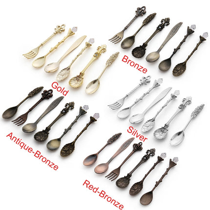 2Sets Vintage Mini Coffee Spoons Suit Royal Style Metal Carved Coffee Fruit Cutler Dessert Flatware Kitchen Tools Antique Bronze（With Red Fork）-garmade.com