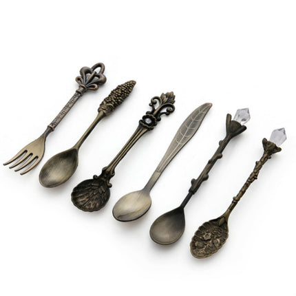 2Sets Vintage Mini Coffee Spoons Suit Royal Style Metal Carved Coffee Fruit Cutler Dessert Flatware Kitchen Tools Antique Bronze（With Antique Fork）-garmade.com