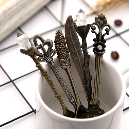 2Sets Vintage Mini Coffee Spoons Suit Royal Style Metal Carved Coffee Fruit Cutler Dessert Flatware Kitchen Tools Antique Bronze（With Antique Fork）-garmade.com