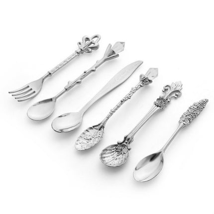 2Sets Vintage Mini Coffee Spoons Suit Royal Style Metal Carved Coffee Fruit Cutler Dessert Flatware Kitchen Tools Silver-garmade.com