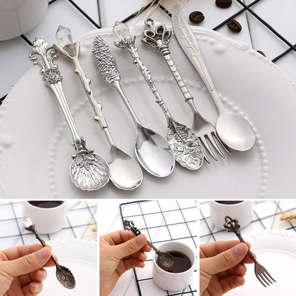 2Sets Vintage Mini Coffee Spoons Suit Royal Style Metal Carved Coffee Fruit Cutler Dessert Flatware Kitchen Tools Silver-garmade.com