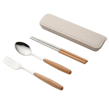 3 in 1 Spoon Chopsticks Fork Cutlery Set Three-piece Creative Work Students Portable Tableware(Three-piece set of wooden handle spoon fork chopsticks)-garmade.com