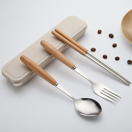 3 in 1 Spoon Chopsticks Fork Cutlery Set Three-piece Creative Work Students Portable Tableware(Three-piece set of wooden handle spoon fork chopsticks)-garmade.com