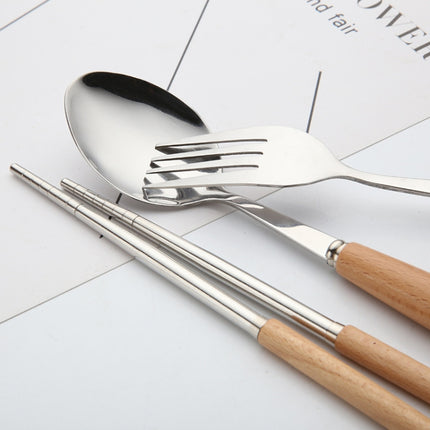 3 in 1 Spoon Chopsticks Fork Cutlery Set Three-piece Creative Work Students Portable Tableware(Three-piece set of wooden handle spoon fork chopsticks)-garmade.com