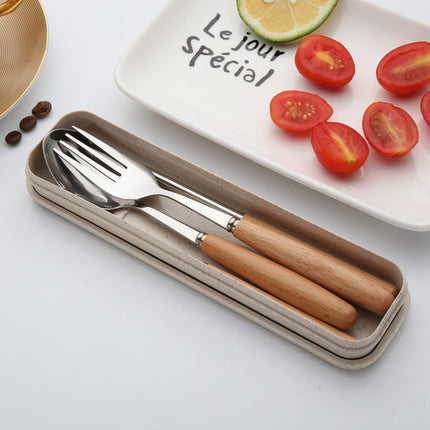 3 in 1 Spoon Chopsticks Fork Cutlery Set Three-piece Creative Work Students Portable Tableware(Three-piece set of wooden handle spoon fork chopsticks)-garmade.com