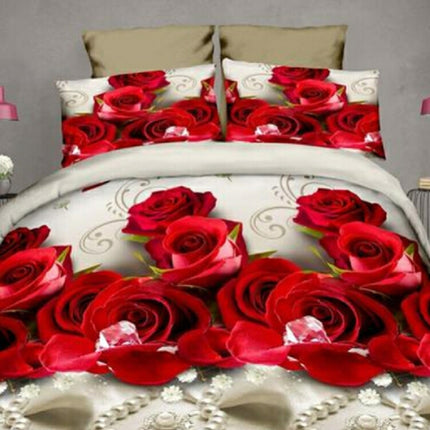 4 PCS Cotton 3D Rose Bedding Sets Soft Duvet Cover Bedsheet Pillowcase Reactive Printed Bedclothes Queen Bed(Red Rose)-garmade.com