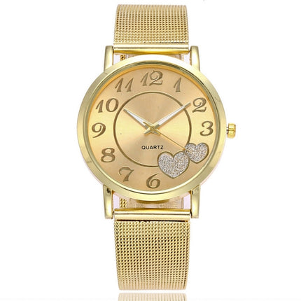 2 PCS Golden Alloy Mesh Belt Double Heart Watch for Ladies(Gold)-garmade.com