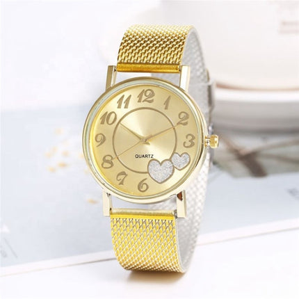 2 PCS Golden Alloy Mesh Belt Double Heart Watch for Ladies(Gold)-garmade.com