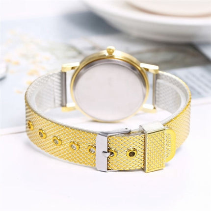 2 PCS Golden Alloy Mesh Belt Double Heart Watch for Ladies(Gold)-garmade.com