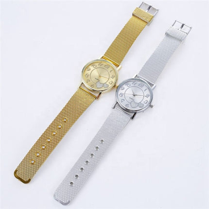 2 PCS Golden Alloy Mesh Belt Double Heart Watch for Ladies(Gold)-garmade.com