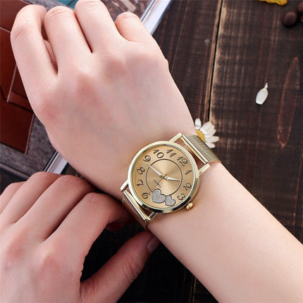 2 PCS Golden Alloy Mesh Belt Double Heart Watch for Ladies(Gold)-garmade.com