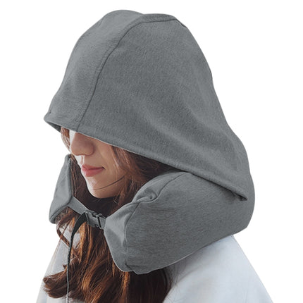 Portable Airplane Travel U-shaped Hooded Pillow Nap Time Neck Pillow(Dark Grey)-garmade.com