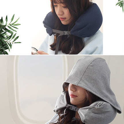 Portable Airplane Travel U-shaped Hooded Pillow Nap Time Neck Pillow(Light Grey)-garmade.com