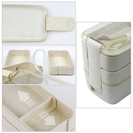 900ml 3 Layers Bento Box Lunch Box Food Container Wheat Straw Material Microwavable Dinnerware Lunchbox(Khaki)-garmade.com