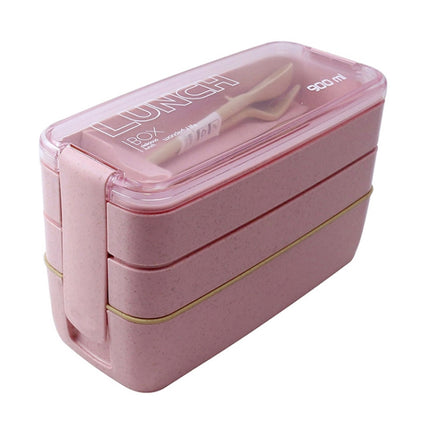900ml 3 Layers Bento Box Lunch Box Food Container Wheat Straw Material Microwavable Dinnerware Lunchbox(Pink)-garmade.com