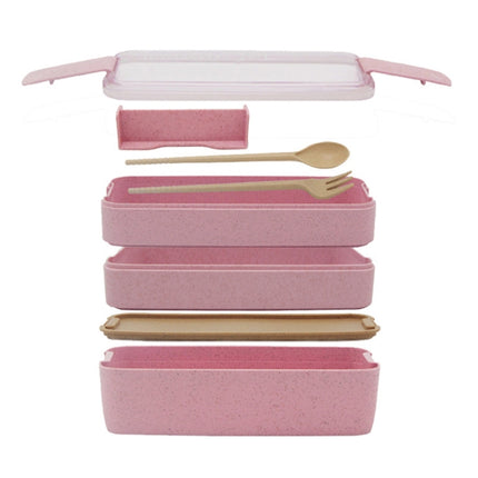 900ml 3 Layers Bento Box Lunch Box Food Container Wheat Straw Material Microwavable Dinnerware Lunchbox(Pink)-garmade.com