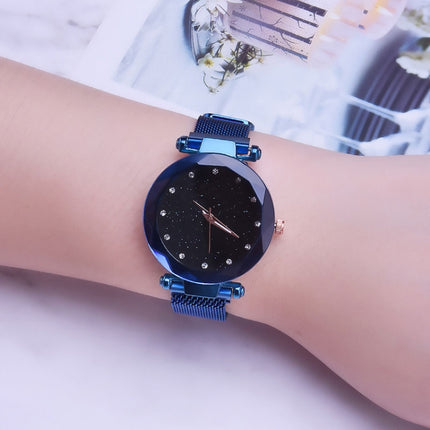 Luxury Mesh Ladies Clock Magnet Buckle Starry Diamond Geometric Quartz Wristwatch Women Watches(Blue)-garmade.com