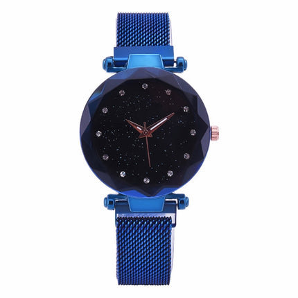 Luxury Mesh Ladies Clock Magnet Buckle Starry Diamond Geometric Quartz Wristwatch Women Watches(Blue)-garmade.com