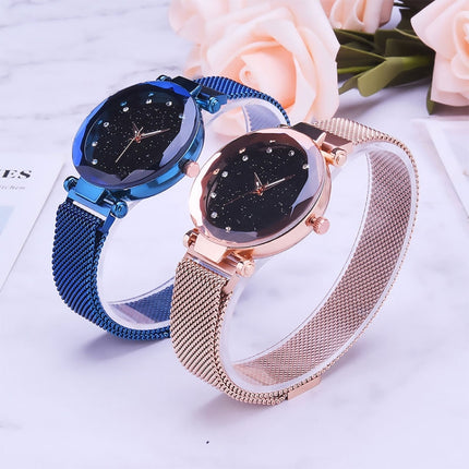 Luxury Mesh Ladies Clock Magnet Buckle Starry Diamond Geometric Quartz Wristwatch Women Watches(Blue)-garmade.com