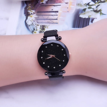Luxury Mesh Ladies Clock Magnet Buckle Starry Diamond Geometric Quartz Wristwatch Women Watches(Black)-garmade.com