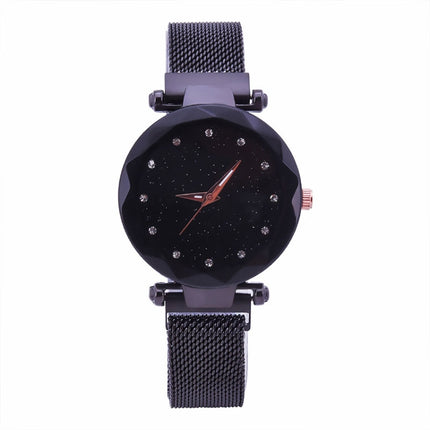 Luxury Mesh Ladies Clock Magnet Buckle Starry Diamond Geometric Quartz Wristwatch Women Watches(Black)-garmade.com