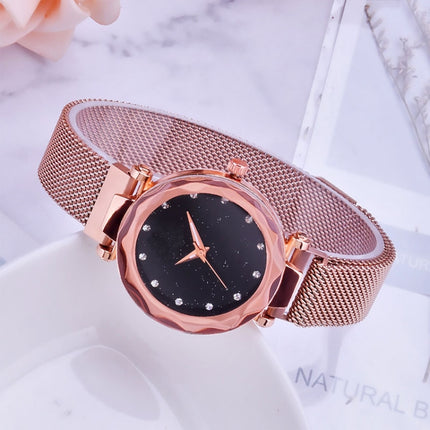 Luxury Mesh Ladies Clock Magnet Buckle Starry Diamond Geometric Quartz Wristwatch Women Watches(Black)-garmade.com