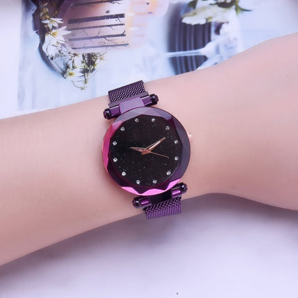 Luxury Mesh Ladies Clock Magnet Buckle Starry Diamond Geometric Quartz Wristwatch Women Watches(Purple)-garmade.com