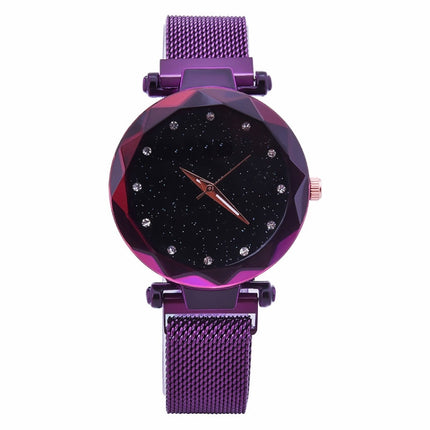 Luxury Mesh Ladies Clock Magnet Buckle Starry Diamond Geometric Quartz Wristwatch Women Watches(Purple)-garmade.com