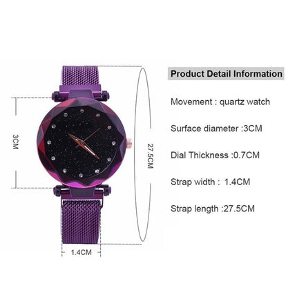 Luxury Mesh Ladies Clock Magnet Buckle Starry Diamond Geometric Quartz Wristwatch Women Watches(Purple)-garmade.com