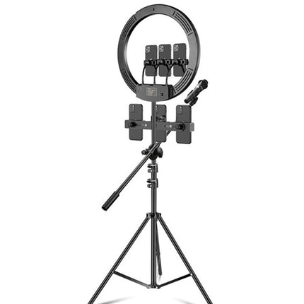18 inch+6 Phone Clips+Microphone Pole Dimmable Color Temperature LED Ring Fill Light Live Broadcast Set With 2.1m Tripod Mount, CN Plug-garmade.com
