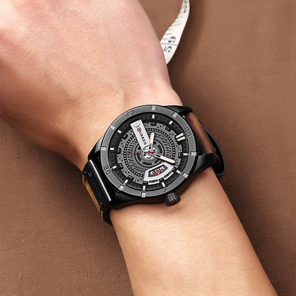 CURREN M8301 Men Military Sports Watch Quartz Date Clock Leather Wristwatch(black case orange)-garmade.com