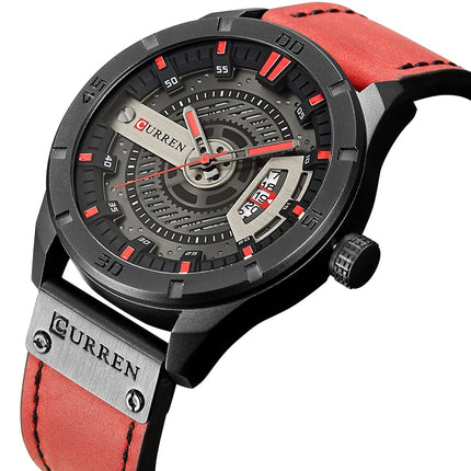 CURREN M8301 Men Military Sports Watch Quartz Date Clock Leather Wristwatch(black case red)-garmade.com