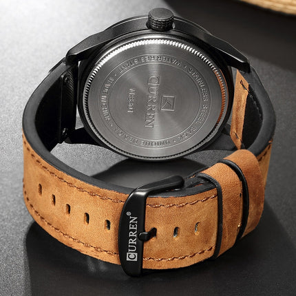 CURREN M8301 Men Military Sports Watch Quartz Date Clock Leather Wristwatch(black case black face deep brown band)-garmade.com