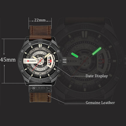 CURREN M8301 Men Military Sports Watch Quartz Date Clock Leather Wristwatch(black case black face deep brown band)-garmade.com