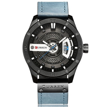 CURREN M8301 Men Military Sports Watch Quartz Date Clock Leather Wristwatch(black case blue)-garmade.com