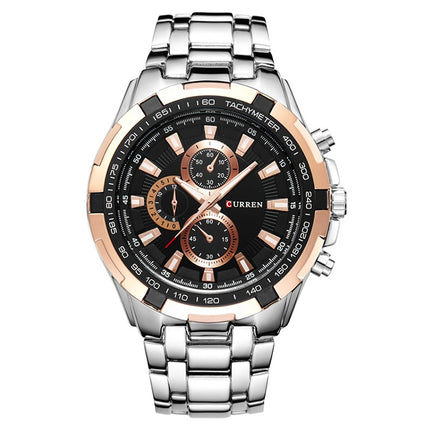 CURREN 8023 Men Stainless Steel Analog Sport Quartz Watch(Silver case gold ring black face)-garmade.com