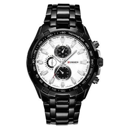 CURREN 8023 Men Stainless Steel Analog Sport Quartz Watch(Black case white face)-garmade.com