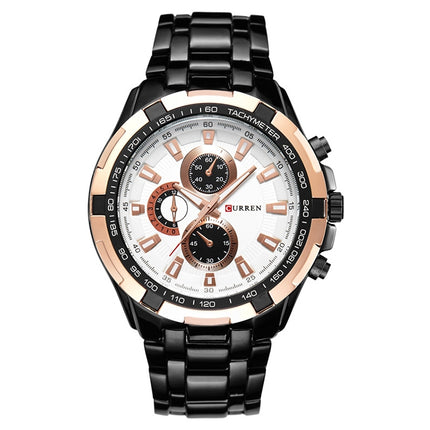 CURREN 8023 Men Stainless Steel Analog Sport Quartz Watch(Black case gold ring white face)-garmade.com