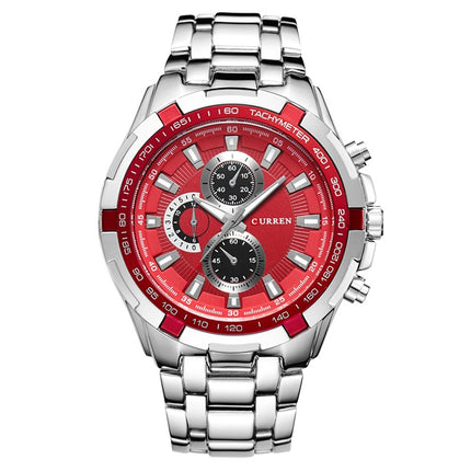 CURREN 8023 Men Stainless Steel Analog Sport Quartz Watch(White case red face)-garmade.com