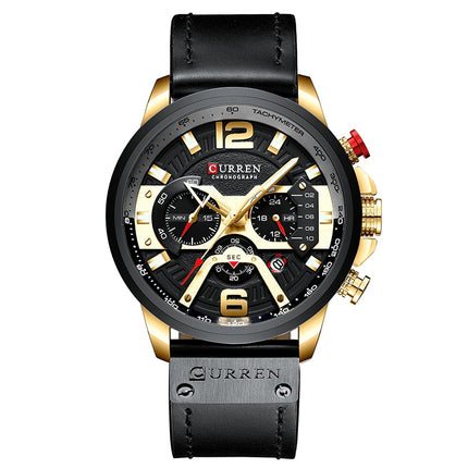 CURREN M8329 Casual Sport Leather Watch for Men(Gold black)-garmade.com