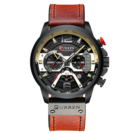 CURREN M8329 Casual Sport Leather Watch for Men(Black Khaki)-garmade.com