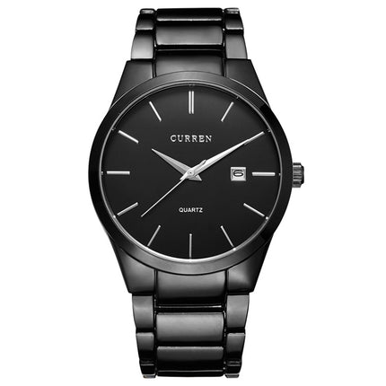 CURREN 8106 Fashion Business Calendar Waterproof Full Steel Quartz Watch(black case black face)-garmade.com