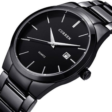 CURREN 8106 Fashion Business Calendar Waterproof Full Steel Quartz Watch(black case black face)-garmade.com